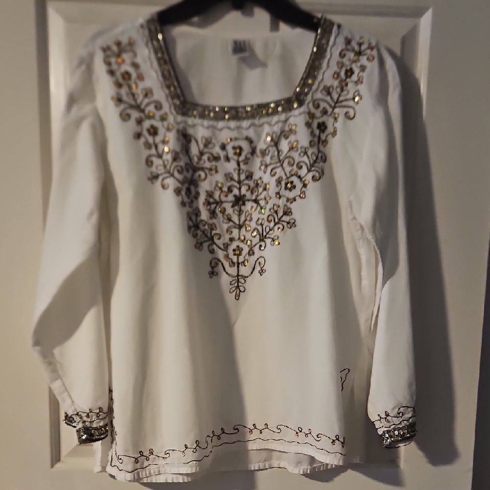 Max Mehra Embroidered White Top with Gold Accents Xl